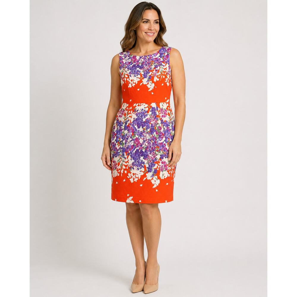 Adrianna Papell Floral Sheath Dress Orange Purple‎ Zip Sleeveless Size 12